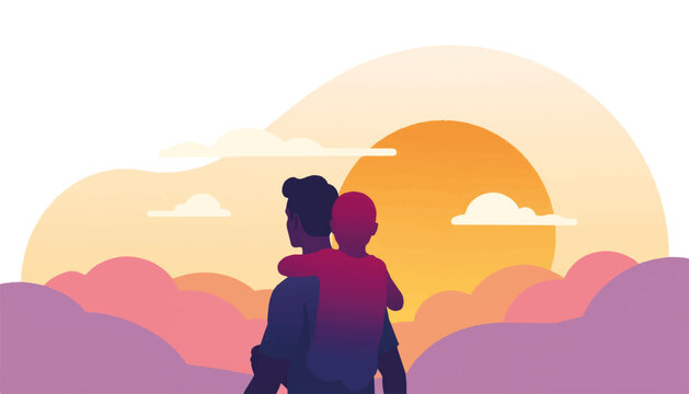 Father enjoying sunset with child on shoulders, joy and connection