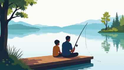 Father and son fishing from dock by calm lake, bonding experience