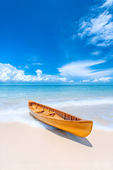 Wooden rowboat on pristine beach under sunny sky