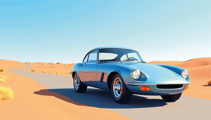 Fototapeta premium Classic car parked on deserted road under blue sky, timeless journey