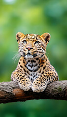 Fototapeta premium Young leopard rests on a branch, gazing upward against a blurred green backdrop