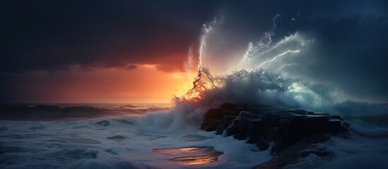 Fototapeta premium big waves with lightning flashes at night