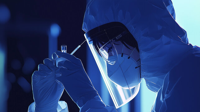 A scientist in protective gear holding a nasal swab and test tube, conducting a COVID-19 or flu test in a sterile hospital lab, representing crucial medical testing and public health efforts.