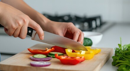 Person slicing colorful vegetables on wooden cutting board in kitchen