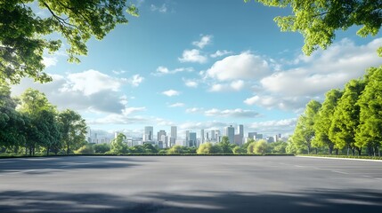 large empty car park, facing an elegant city skyline featuring buildings