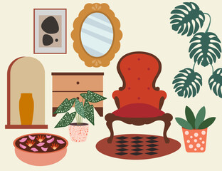 Cozy interior, room with armchair, rug, plants, mirror, mockup poster and other accessories, vector illustration