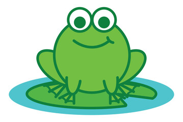 Funny cute frog sitting on a sheet of water lily. Children's simple character toad