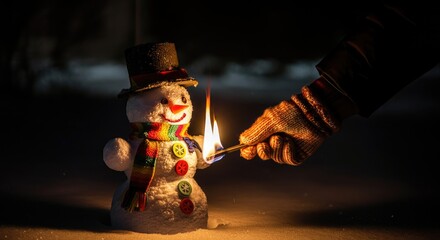 Naklejka premium Hand lighting snowman with matchstick at night