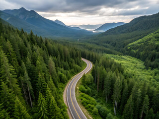 Aerial View of Winding Mountain Road Through Dense Evergreen Forest
