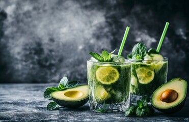 Fototapeta premium Making Green Smoothie with Avocado and Lime in a Glass