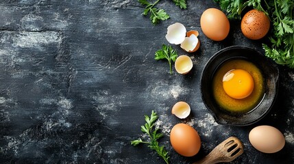 Broken eggs in a plate and flour for cooking next to it on a wooden background