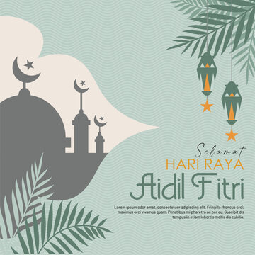 Simple elegant Eid Mubarak 2025 greeting card with islamic decoration. Happy Aidil Fitri 1445 H greeting card for Malaysian and Indonesian People. 