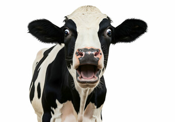 Close-up of a surprised Holstein cow with open mouth, meme face