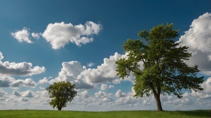 Serene Landscape with Scattered Clouds and Trees on a Green Field