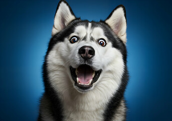 A close-up, studio shot of a Siberian Husky dog with its mouth wide open, appearing surprised or delighted.