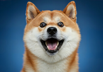 A close-up, studio shot of a Shiba inu dog with its mouth wide open, appearing surprised or delighted.