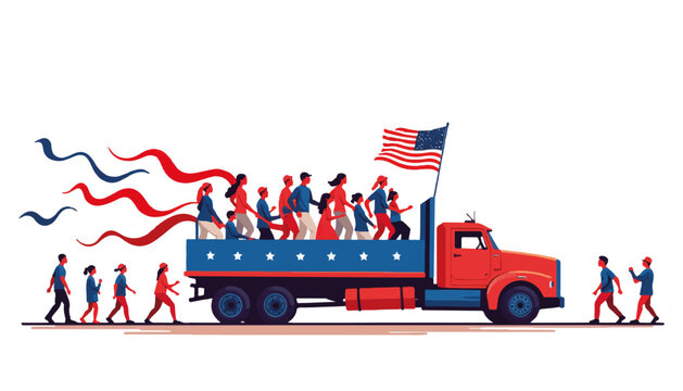 Celebratory Fourth of July parade float with vibrant colors, patriotism