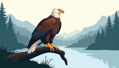 Fototapeta premium Bald eagle perched on branch by river, nature's majesty