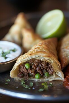 Delicious and Crispy Meat Puff Pastry Filled with Ground Beef, Peas, and Served with Lime Wedge and Sauce on a Rustic Platter