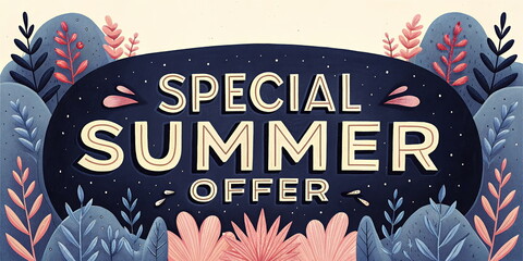 Naklejka premium Special Summer Offer - Vibrant Illustration with Floral Elements and Colorful Background