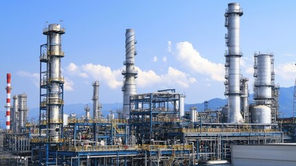 Fototapeta premium Industrial Refinery Complex: A Panoramic View of Modern Petroleum Processing
