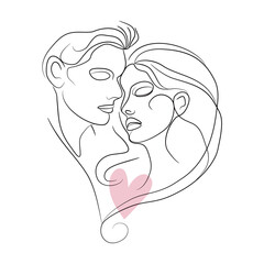 Minimalist one-line art drawing of a man and a woman's faces. Valentines Day Illustration. Love poster. 