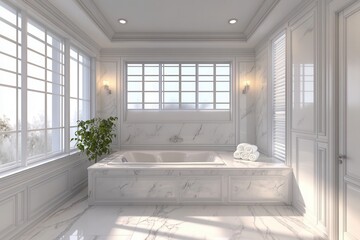 Elegant freestanding bathtub in a marble bathroom. Perfect for luxury real estate, hotel, or spa marketing.