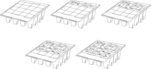 Seedlings growing in peat pots cassette continuous line drawing. Gardening season concept. Vector illustration set from empty to full.