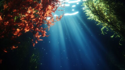 Sunlit Underwater Scene with Red and Green Algae