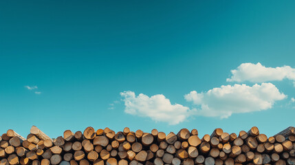Stacked  logs of  fire wood against clear blue sky