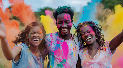 Fototapeta premium Joyful people playing with colored powder, creating vibrant and festive scenes.
