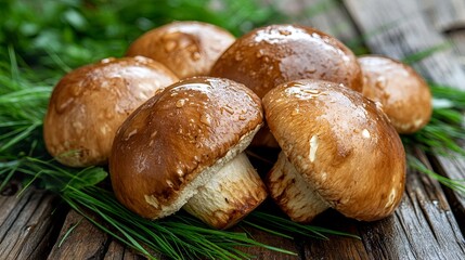 Boletus with raindrops on green grass 