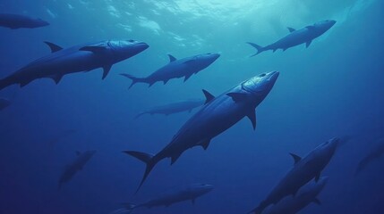 Fototapeta premium Underwater School of Sharks Swimming in Deep Blue Ocean