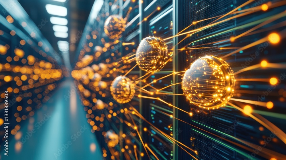Poster futuristic data center with glowing nodes depicting digital connectivity and technology