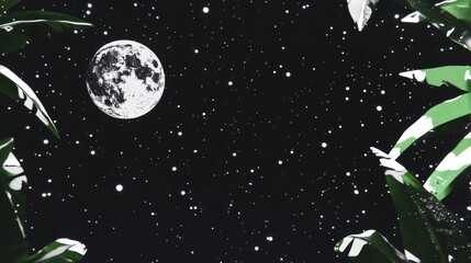 Naklejka premium Dark Tropical Night Scene with Full Moon and Stars Pixel Art