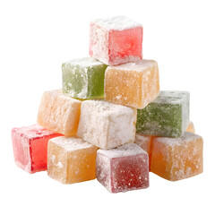 Colorful cubes of traditional sweets stacked on a transparent background