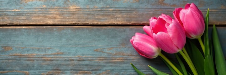 Obraz premium Close-up of pink tulip flower on rustic wooden background, flora, beautiful, petal