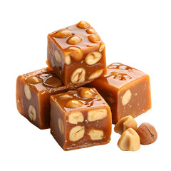 Handmade caramel squares with nuts on a transparent background