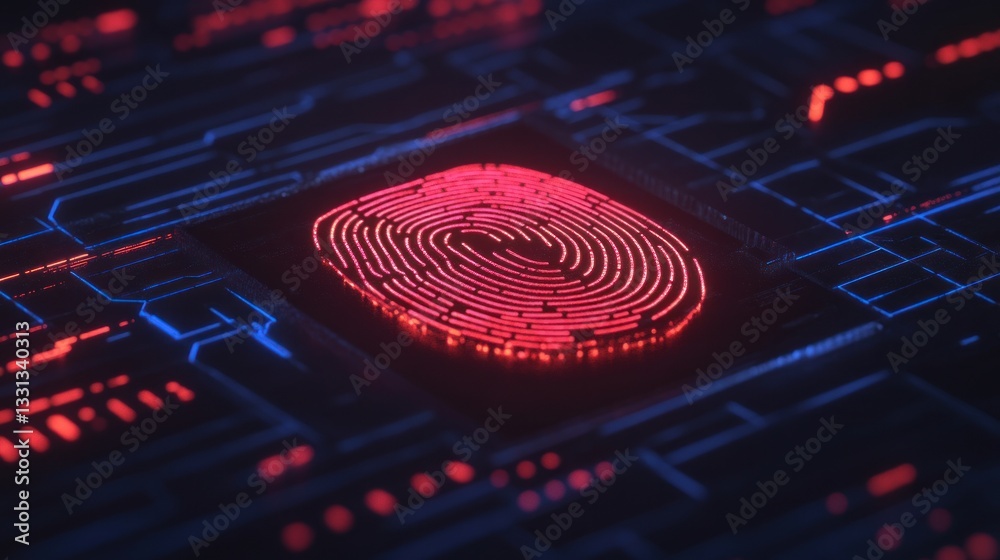 Aufkleber futuristic digital fingerprint with neon glow on circuit board background