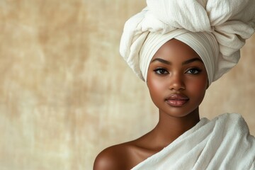Beautiful african american woman wearing towel wrapped on her head