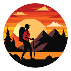 Vector of a hiker against the sunset