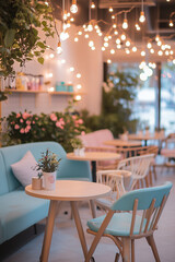 Obraz premium A charming, cozy café with warm hanging lights, pastel seating, and lush greenery. A soft blue chair and wooden table set the scene, with delicate flowers in a cup adding to the inviting, peaceful.