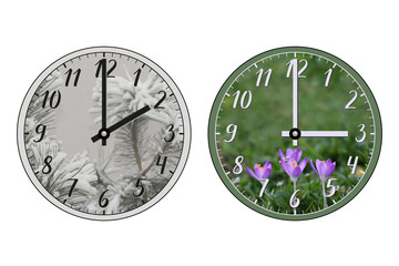 Two clocks: one represents winter and shows 02:00, the other represents spring and shows 03:00. Transition of time, the change to daylight saving time, the shift to summer time, the hands move forward