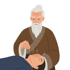 Acupuncture treatment scene with practitioner and patient in minimal flat vector art