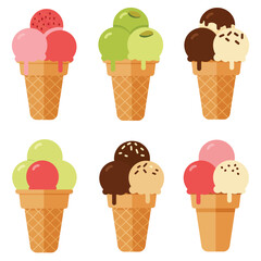 Ice cream cones with various flavors in flat design vector illustration