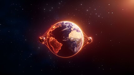 Fototapeta premium A digitally enhanced image shows planet Earth glowing with orange light, encircled by a radiant halo and connected to two glowing geometric satellites in space.