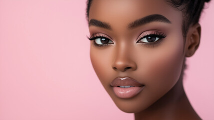 Fototapeta premium A stunning close-up portrait of a confident Black CEO with flawless makeup, radiant skin, and a soft pink backdrop. Her sharp brows, glossy lips, and captivating eyes exude elegance, beauty, and power