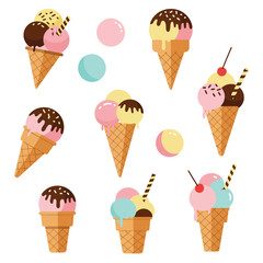 Ice cream cones in various flavors and colors in flat vector art