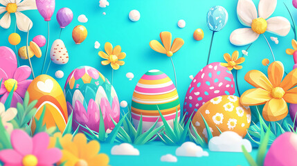Flat-design Easter sale banner with modern typography and vibrant colors. Ideal for digital ads, promotions, and seasonal marketing