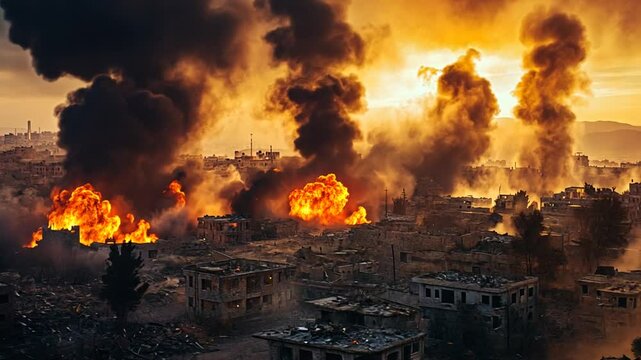 Devastating aftermath of destruction with towering flames and thick plumes of smoke